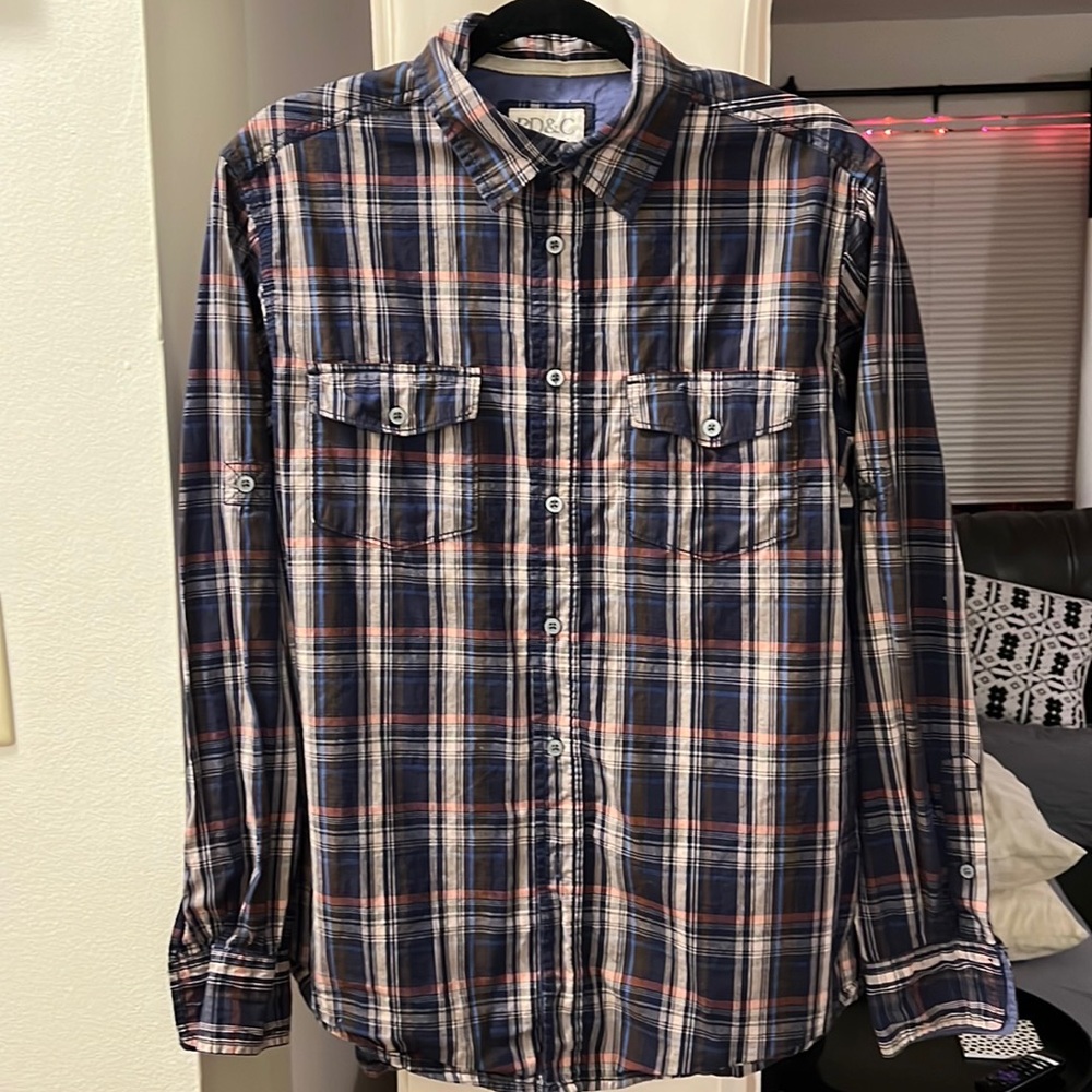 Men’s PD&C Sport Shirt Blue Plaid Long Sleeves 100% Cotton SIZE M
